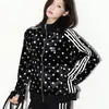 Chaqueta Retro de Terciopelo con Rayas de Puntos Reflectantes, Cuello Alto, Hombro Normal, Manga Corta, Corte Delgado, Cuello Alto, Ropa de Abrigo