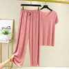 Conjunto de Calça de Manga Curta de Seda de Gelo para Casa, Conjunto de Camiseta com Decote V Feminino de Verão Fino Casual Roupa Externa Cor Sólida Pijama Conjunto de Duas Peças