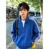 Chamarra casual deportiva a rayas azules 2026 para hombres y mujeres, sudadera de otoño con cierre y cuello alto, prenda exterior holgada estilo juvenil