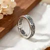 Anel de Prata S925 Yunchaoxuan com Padrão de Grama Tang, Anel Vintage de Dedo Indicador Masculino de Nicho Unissex, Design Aberto Ajustável