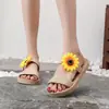 Sandálias de Viagem de Linho com Solado de Palha Imitação Estilo Étnico para Mulheres Chinelos Tendência para Uso Externo Chinelos de Flor de Praia da Moda para Mulheres