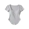 Camiseta de Verano Estilo Puro Deseo con Cintura Delgada y Cuello en U para Mujer, Dobladillo Curvo, Top Ajustado de Manga Corta, Camiseta Base Corta