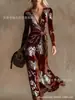 Vestido Transfronteiriço Novo Estilo com Decote em V e Mangas Longas com Elementos de Impressão Digital 3D, Saia Fashion e Personalizada para Marcar a Cintura para Mulheres