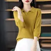Colección Otoño 2025 Transfronteriza Camisa Base de Punto de Algodón con Cuello Polo y Manga Tres Cuartos para Mujer, Holgada, Adelgazante