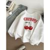 Sudadera Blanca de Cuello Redondo y Manga Larga con Estampado de Cerezas, Oversize, Otoño Europeo y Americano para Mujer, Casual, Sencilla, Holgada y Versátil