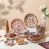 Conjunto de Tigela e Prato de Cerâmica Pintados à Mão para Uso Doméstico, Novo Estilo Vintage 2025, Tigelas de Alta Estética, Pratos, Louças e Utensílios de Mesa com Cor Sob Esmalte