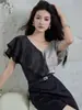 Camisa de Satén con Bloques de Color Estilo Francés de Manga Corta para Mujer, Nuevo Top Holgado Adelgazante con Volantes y Cuello en V, Verano 2025