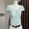 9123# Camiseta de manga corta con botones en el pecho y cuello de color contrastante de Spice Girls, de verano, de dos piezas, con tirantes, sexy, para mujer
