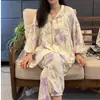 2026 Nuevo Pijama de Algodón y Seda de Longitud Larga para Casa, Ropa de Dormir de Algodón Artificial, Traje de Aire Acondicionado Estilo Cárdigan con Cuello en V, Ropa para el Hogar