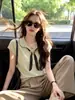 Blusa Impresionante de Encaje de Puntos con Lazos Franceses, Solapa, Diseño Súper Bueno, Camiseta de Verano Ajustada de Manga Corta para Mujer
