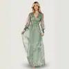 Nuevo vestido largo elegante para fiesta, estilo europeo y americano, con estampado floral, cuello en V, manga larga y ceñido a la cintura, de comercio exterior transfronterizo