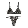 Lencería y Pijamas de Comercio Exterior Europeo y Americano Estampado de Leopardo Hueco Transparente Encanto Sexy Conjunto de Lencería Sexy de Tres Piezas