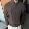 Auticup Estilo Old Money Cardigan de Tricô Grosso com Tranças Gola Meio Alta Suéter Pesado Quente Casaco Jaqueta Engrossada Outono Inverno
