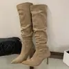 Botas largas de tacón de aguja de punta fina estilo europeo y americano, de gamuza, hasta la rodilla, para mujer, botas elásticas de invierno, botas de poner sin cordones con tacón de bloque, botas calcetín sexys