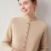 Cárdigan de cachemira pura, nuevo estilo otoño/invierno, corte holgado, cuello semi-alto, abotonado, longitud corta, suéter base, prenda exterior, top de manga larga