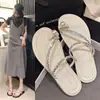 Chanclas de Tanga de Perlas de Celebridad de Internet para Mujer Verano Nuevas Sandalias de Playa de Dedo del Pie de Tanga Estilo Hada Planas Sandalias Antideslizantes de Suela Suave