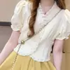 Wzxsk Verano Nuevo Estilo Manga Abullonada Manga Corta Volantes Cuello en V Corta Fresca Camisa Francesa Nicho Ajustado Top