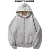 Jaqueta corta-vento de fleece pesado com forro sherpa para outono e inverno, moletom com capuz unissex, caimento solto, cardigã com ombros caídos