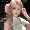 Grampo de Cabelo com Franjas Florais Rosa e Verde Super Delicado Estilo Fada para Mulheres, Novo Acessório de Cabelo Estilo Chinês para Penteados Hanfu Cheongsam, Adorno de Cabeça Atmosférico