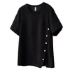 Camiseta informal de verano para mujer talla grande, nuevo diseño de nicho, botones diagonales, abertura, cuello redondo, manga corta 0619