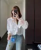 Blusa holgada de manga larga para mujer, estilo coreano, con encaje suave fruncido y cierre de cordones, jacquard texturizado, ligero escote en V 26 H082110
