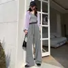 Calça Wide Leg Cinza Listrada Retro com Cintura Elástica e Cordão para Mulheres 2026 Nova Coleção Primavera/Verão Cintura Alta Solta Casual