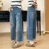 Calça Jeans Reta Azul Rasgada e Desfiada para Mulheres, Estilo Fino de Verão, Tamanho Plus, Modelagem Solta, Emagrecedora, Calça Cropped de Pernas Largas