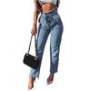 2019Wish Amazon Aliexpress Ropa Europea y Americana Jeans Capullo de Flor Cintura Alta Borde Crudo Con Cordones Jeans de Algodón para Mujer