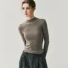 Suéter de punto fino 100% lana lavable a máquina Yangzi para mujer, cuello semi-alto, ajustado, sin costuras, ajuste ceñido, camiseta base de punto