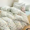Juego de Cuatro Piezas de Algodón Puro Clase A Ropa de Cama para Dormir Desnudo Algodón Lavado con Agua Estilo Sábana Ajustable Ins Fresco Pequeño Sábana Funda de Edredón Dormitorio Juego de Tres Piezas