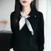 Otoño Temprano 2025 Nuevo Jersey de Punto para Mujer con Cuello de Terciopelo y Bufanda de Seda, Manga Larga, Diseño Pullover, Camiseta Base