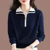 Suéter de Tricô Meia-Zip com Gola Reversível Estilo Novo Primavera e Outono 2026 para Mulheres, Caimento Solto, Camada Base que Cobre a Barriga, Estiloso