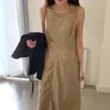 Disponibilidad Real: Estilo Vintage Francés, Elegante Vestido sin Mangas tipo Tanque de Piel Sintética, Vestido Largo en Capas de Corte Ajustado para Mujer