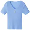Camiseta de Manga Corta con Cuello en V, Tejida, Blanquinegra, de Seda Helada, para Mujer, Tendencia Verano, Ajustada, para Usar como Capa