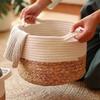 Cesta Tejida Portátil de Doble Asa Hecha de Cuerda de Algodón y Paja, Cesta de Almacenamiento Tejida a Mano para Uso Doméstico, Contenedor de Almacenamiento para Juguetes y Ropa
