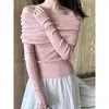 Camiseta básica de punto sexy estilo francés con hombros descubiertos para mujer, otoño, corte ajustado, fruncida, diseño de nicho, tacto de alta gama