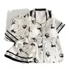 Pijama de Tres Piezas de Seda Helada de Gatito con Almohadillas en el Pecho Pijama para Mujer Temporada de Verano Nuevo Cárdigan Ropa Fresca para Casa