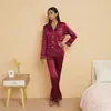 Conjunto de pijama feminino transfronteiriço em cetim, manga longa e calça longa para casa, cor sólida, com gola, conjunto de duas peças texturizado