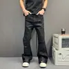 Calça jeans casual estilo vibe americana moda preta refletiva slim fit cintura média masculina outono solta perna reta levemente flare longa