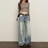 Jeans acampanados de pierna ancha desgastados para mujer, nuevo estampado de bambú, estilo retro americano, corte holgado, pantalones rectos adelgazantes