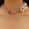 Conjunto de Anel e Colar Dupla Camada Flor Francesa Retrô Íris Perolado Gargantilha de Nicho de Alto Valor Corrente para Clavícula