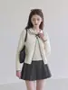 Moda de menina doce estilo coreano: cardigã de tricô preto com gola Peter Pan, gravata borboleta, mangas compridas, top feminino outono 2026, conjunto de duas peças