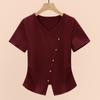 Camiseta de Manga Corta para Mujer, Estilo Nuevo Verano 2026, con Escote en V Cruzado, Color Sólido, Dobladillo Irregular y Diseño que Ceñe la Cintura