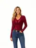 Bestseller transfronterizo europeo y americano: Body de encaje transparente con escote en V profundo y manga larga para mujer, elástico, ajustado, sexy, camisa base de encaje