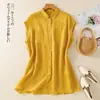 Camisa Sem Manga de Algodão e Linho Simples Artística Feminina Verão Casual Plus Size Camisa de Linho Top Solto de Comprimento Médio Fino