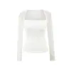 Camiseta de Malla Patchwork Cuadrado de Cuello Manga Larga Puramente Sexy, Nuevo Estilo Primavera Versátil Ajustada Corta para Chicas Atrevidas