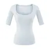 Top sexy de estilo americano con cuello cuadrado y manga tres cuartos, nuevo modelo de verano, que revela la clavícula, adelgazante, entallado a la cintura, camiseta corta