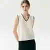 Suéter de punto de cachemira estilo francés con cuello en V, conjunto de dos piezas para mujer, blanco con ribete de contraste, un top chic y versátil