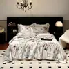 Conjunto de Quatro Peças de Seda Sintética, Roupa de Cama Estilo Lençol de Gelo Dupla Face, Conjunto de Capa de Edredom de Seda Nórdico, Estilo Impresso para Quatro Estações