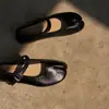 Versão em Pele de Ovelha~Sapatos de Dedo Dividido Casco de Porco, Sapatos Ferradura Pretos, Sapatos Planos de Couro Genuíno, Sapatos Mary Jane Retrô Franceses Femininos